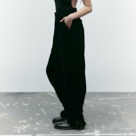 Zara High Waisted Long Velvet Gathered Ankle Trousers L - Picture 6 of 16